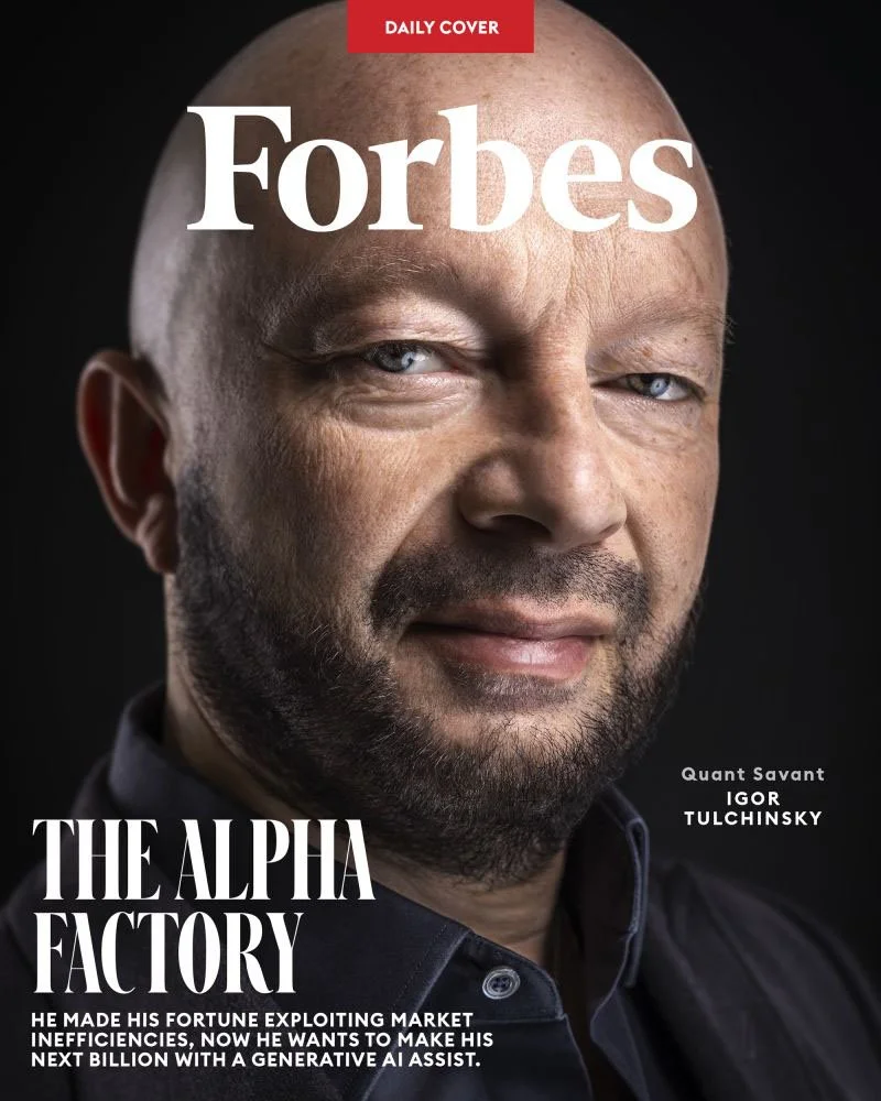Magazine cover with a Forbes masthead, a man in a dark shirt, and the headline The Alpha Factory.