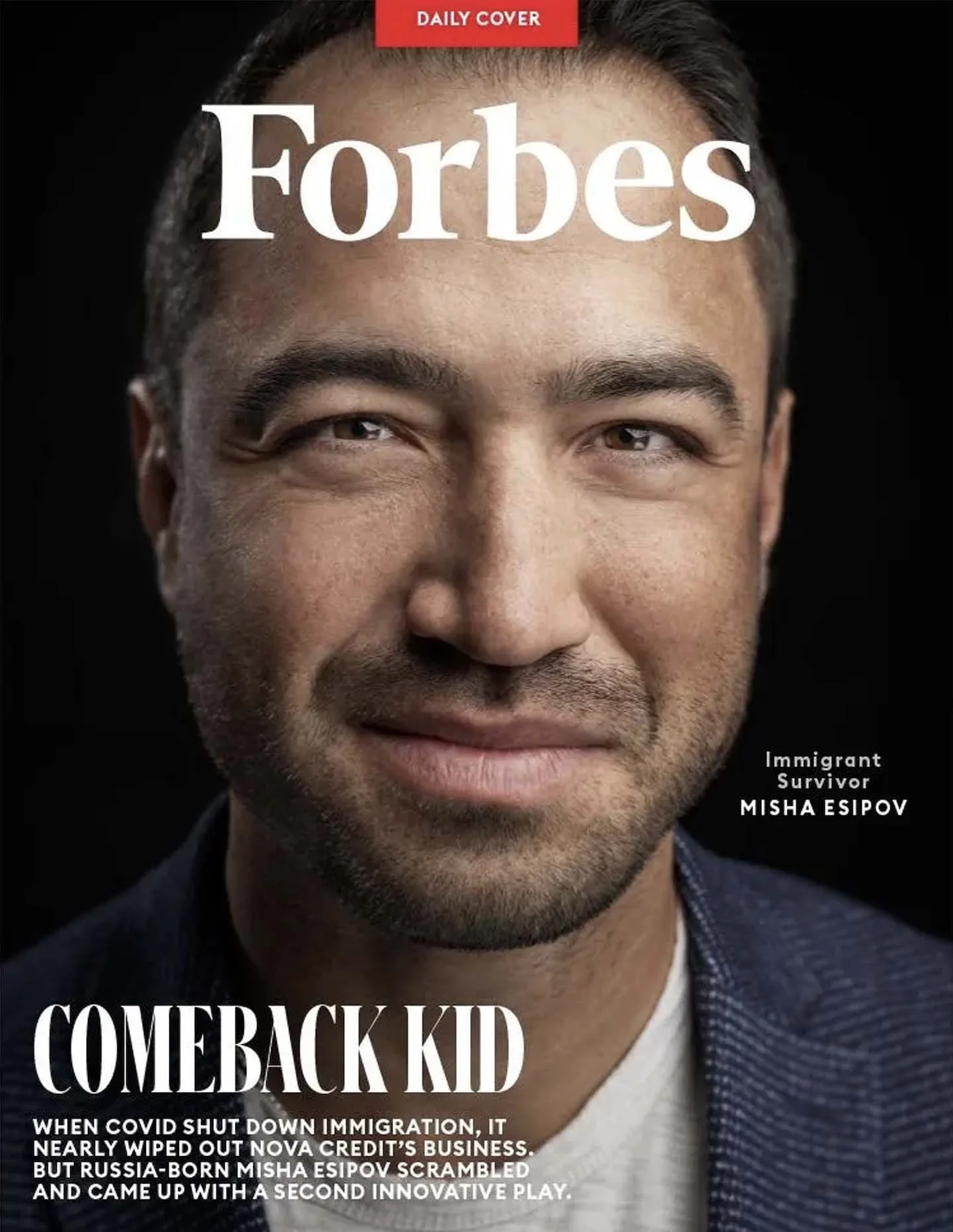Magazine cover with a Forbes masthead, a close portrait of a man, and the headline Comeback Kid.