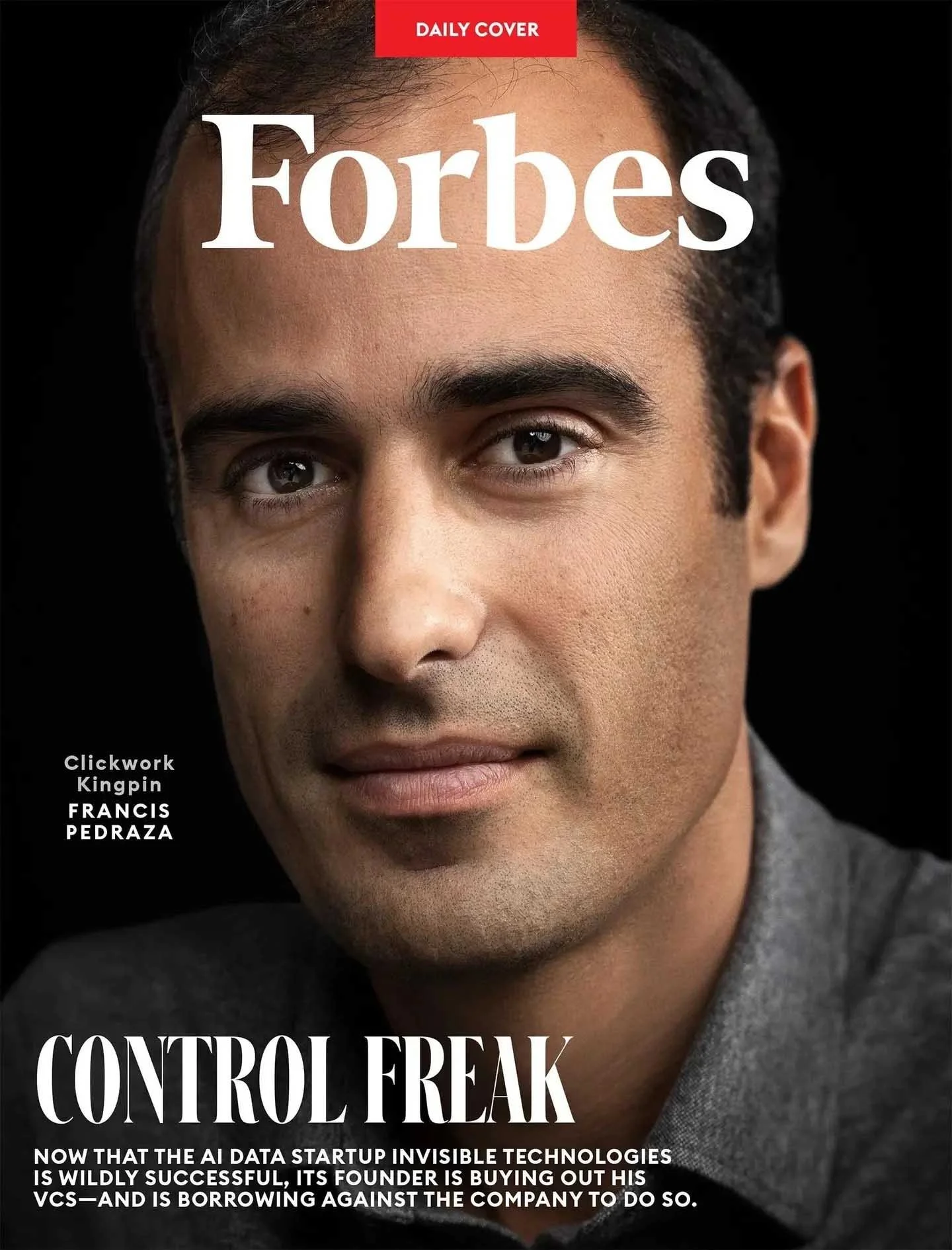 Magazine cover with a Forbes masthead, a close portrait of a man, and the headline Control Freak.
