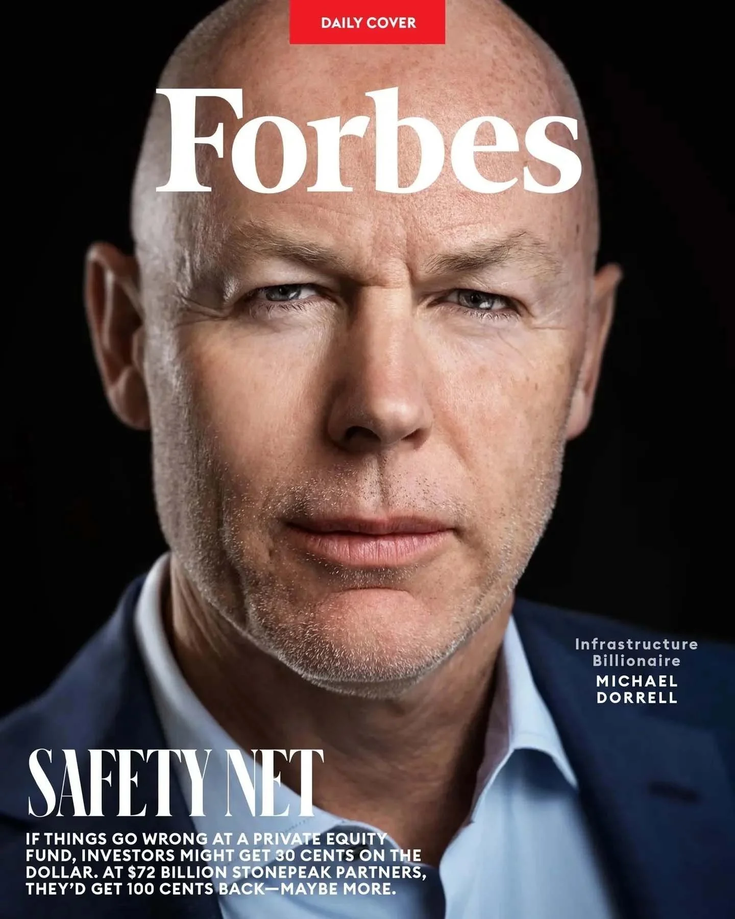 Magazine cover with a Forbes masthead, a close portrait of a man, and the headline Safety Net.