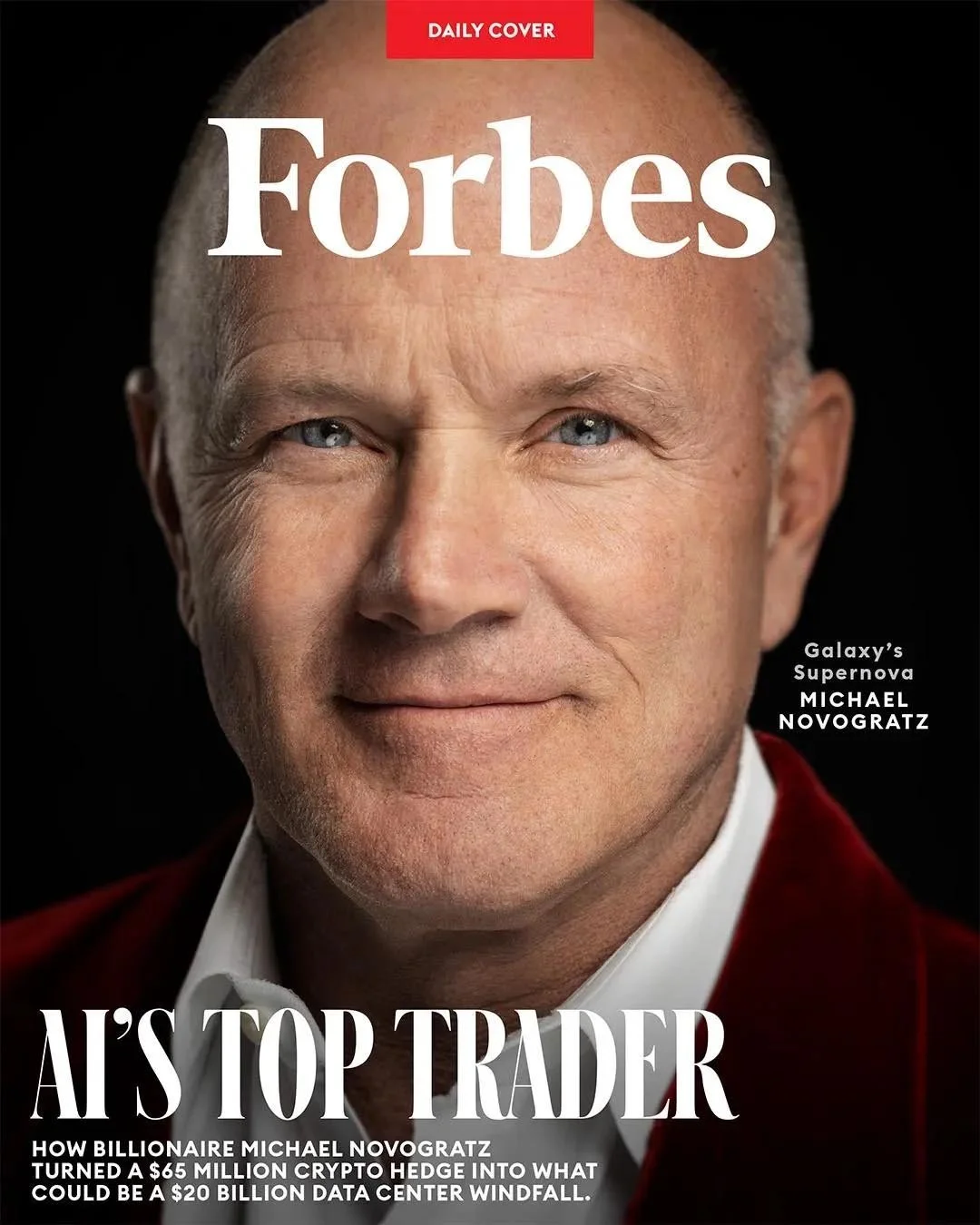 Magazine cover with a Forbes masthead, a man in a red jacket, and the headline AI's Top Trader.