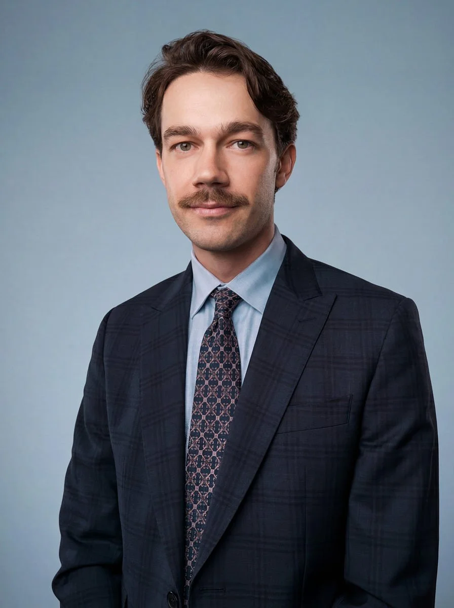 Remote team portrait in a dark suit and patterned tie against a blue-gray background.