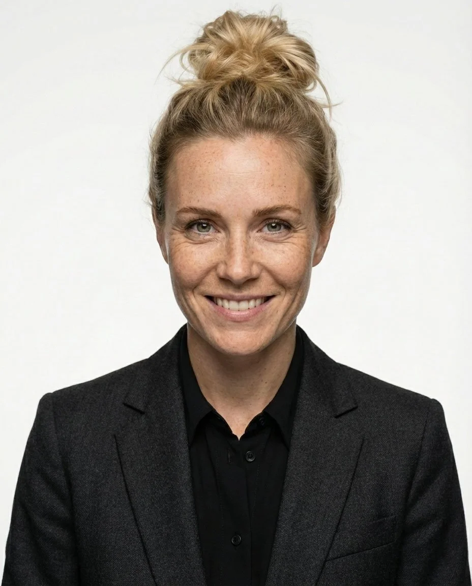Smiling woman in a black blazer against a white background.