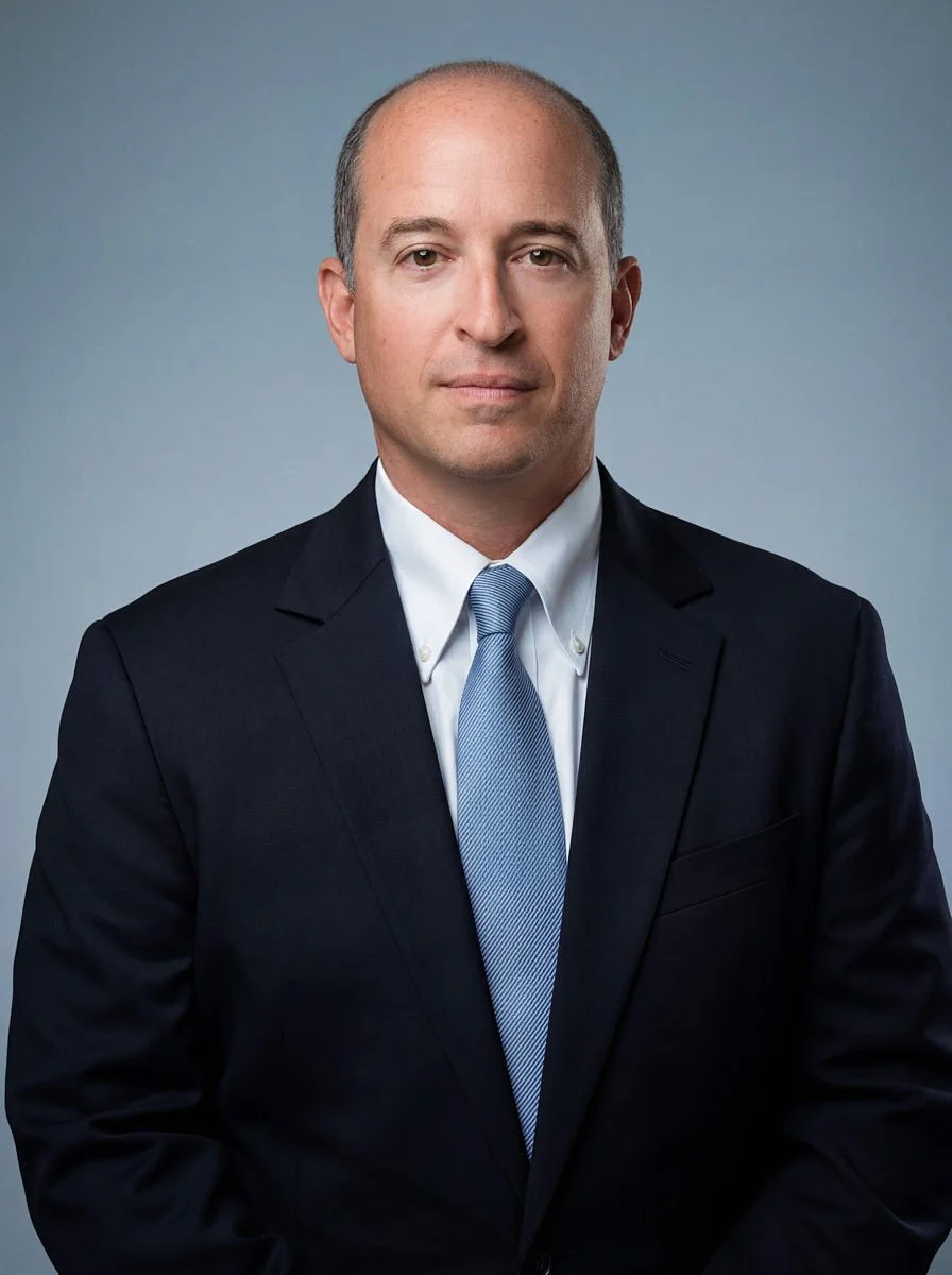 Person in a dark blue suit and light blue tie against a blue background.