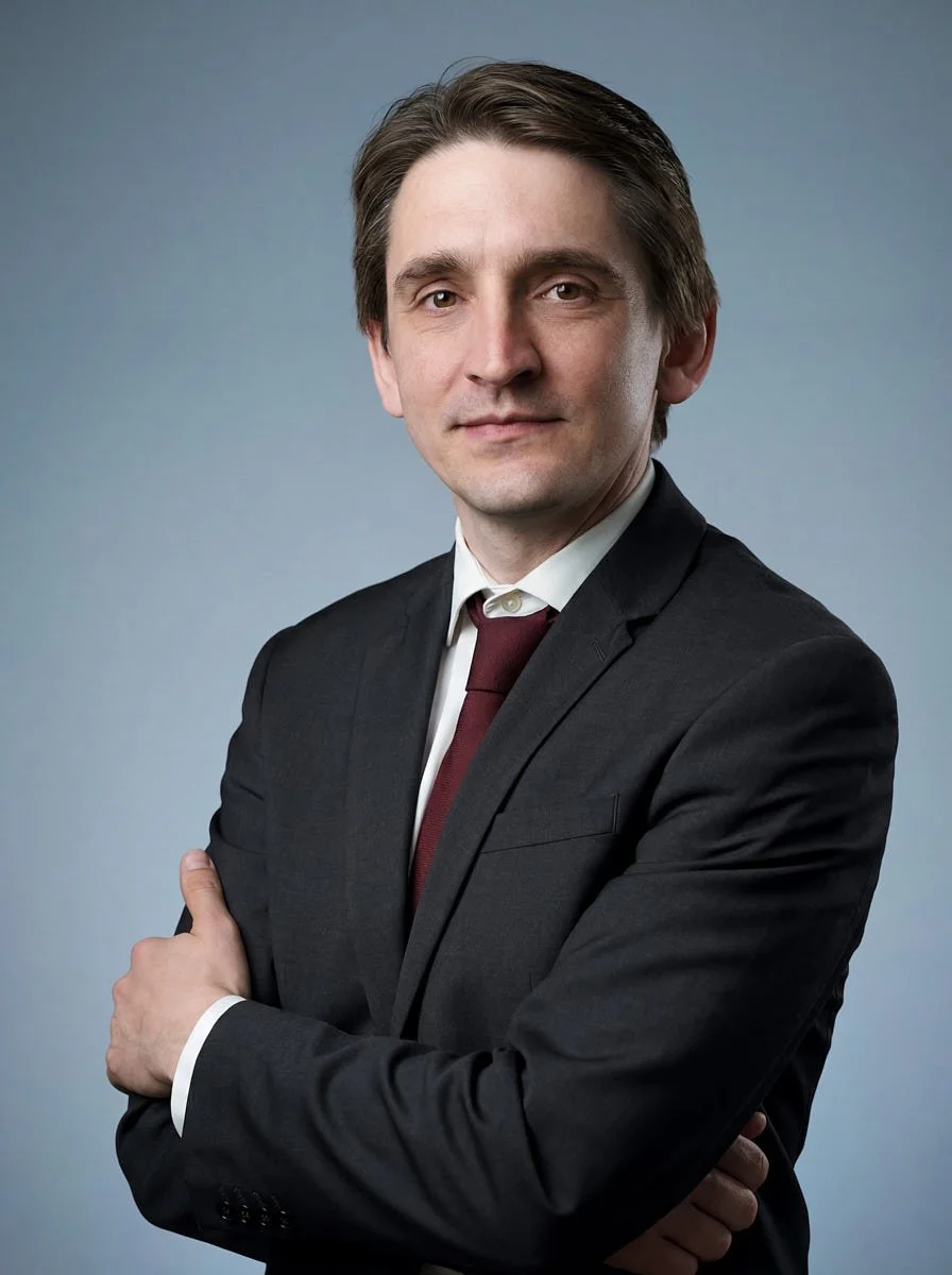Person in a dark suit and red tie with arms folded.